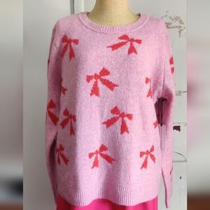 Cupcakes And Cashmere Pink and Red Bow Fluffy Sweater
